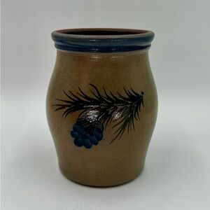Vintage Rowe Pottery Salt Glaze Crock Blue Pine Cone Design